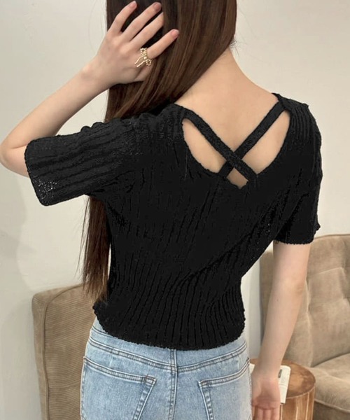 ニット セーター バッククロスデザインサマーニットトップス