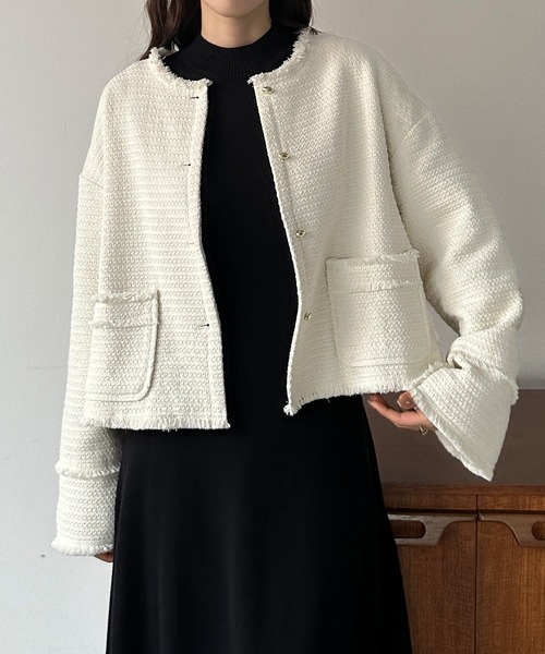 「Louere」 ツイードジャケット LARGE アイボリー レディース_画像6