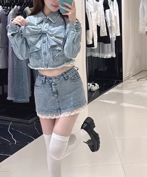 ViViDAY デニム セットアップ ViViDAY セットアップ 「上下2点セット」フロントビッグリボン 襟