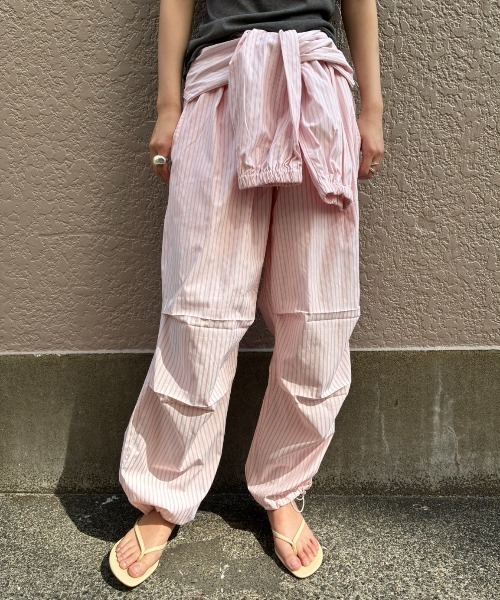 ワイドパンツ パンツ シャツスリーブストライプイージーパンツ レディースの画像