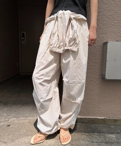 ワイドパンツ パンツ シャツスリーブストライプイージーパンツ レディースの画像