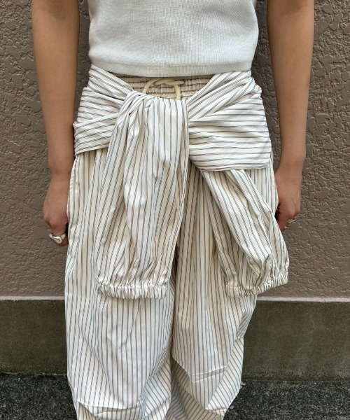 ワイドパンツ パンツ シャツスリーブストライプイージーパンツ レディースの画像