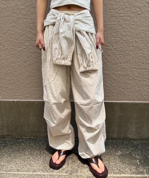 ワイドパンツ パンツ シャツスリーブストライプイージーパンツ レディースの画像