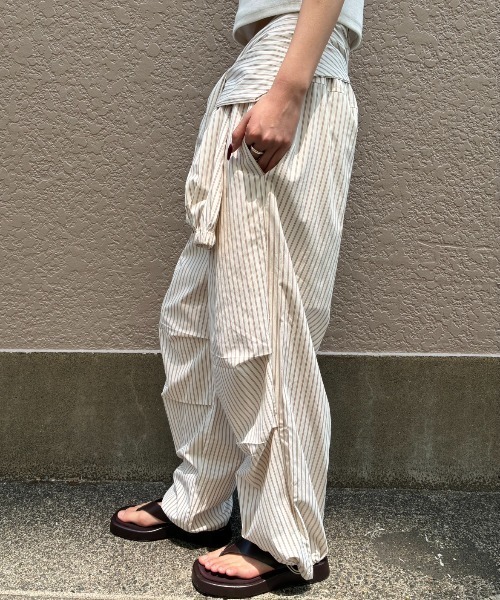 ワイドパンツ パンツ シャツスリーブストライプイージーパンツ レディースの画像