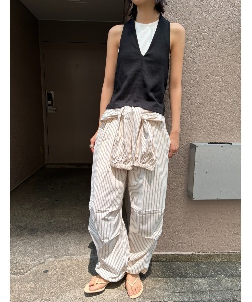 ワイドパンツ パンツ シャツスリーブストライプイージーパンツ レディースの画像