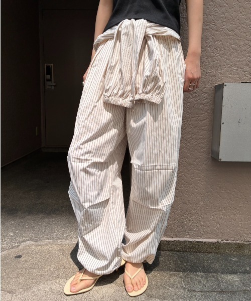 ワイドパンツ パンツ シャツスリーブストライプイージーパンツ レディースの画像