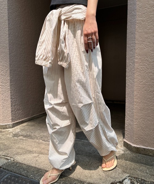 ワイドパンツ パンツ シャツスリーブストライプイージーパンツ レディースの画像