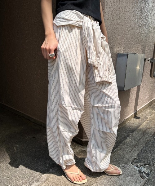 ワイドパンツ パンツ シャツスリーブストライプイージーパンツ レディースの画像