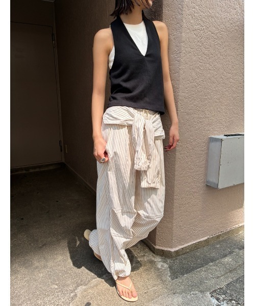 ワイドパンツ パンツ シャツスリーブストライプイージーパンツ レディースの画像