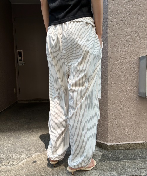 ワイドパンツ パンツ シャツスリーブストライプイージーパンツ レディースの画像