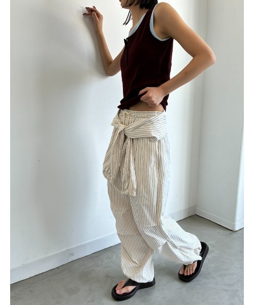 ワイドパンツ パンツ シャツスリーブストライプイージーパンツ レディースの画像