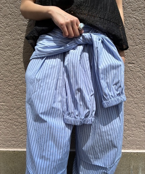 ワイドパンツ パンツ シャツスリーブストライプイージーパンツ レディースの画像