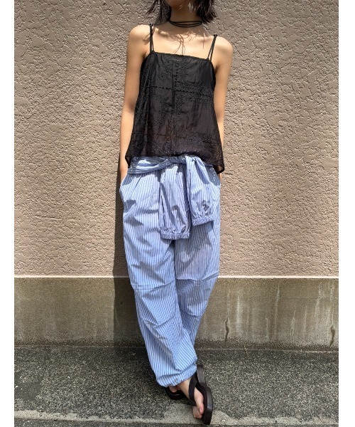 ワイドパンツ パンツ シャツスリーブストライプイージーパンツ レディースの画像