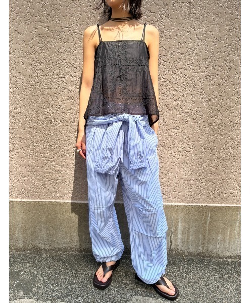 ワイドパンツ パンツ シャツスリーブストライプイージーパンツ レディースの画像