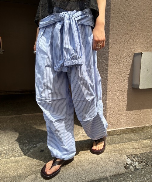ワイドパンツ パンツ シャツスリーブストライプイージーパンツ レディースの画像