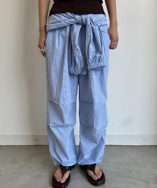 ワイドパンツ パンツ シャツスリーブストライプイージーパンツ レディースの画像