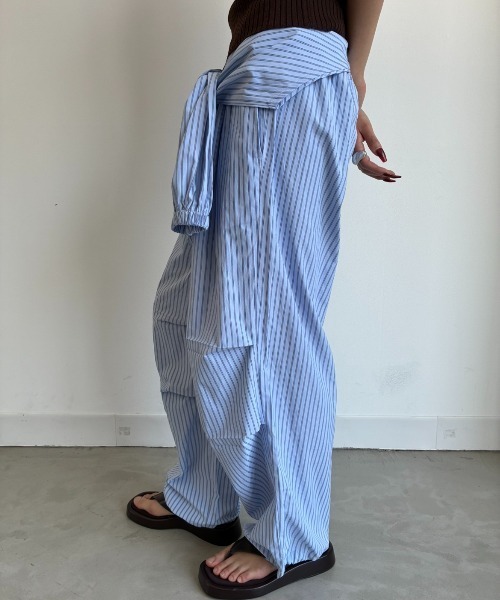 ワイドパンツ パンツ シャツスリーブストライプイージーパンツ レディースの画像