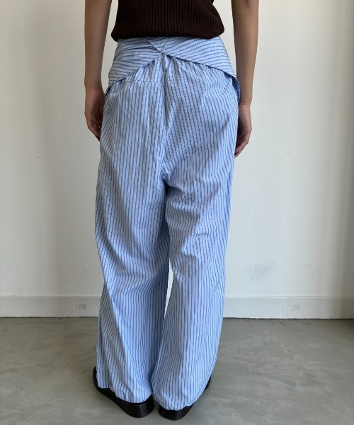 ワイドパンツ パンツ シャツスリーブストライプイージーパンツ レディースの画像