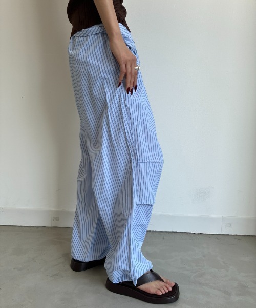 ワイドパンツ パンツ シャツスリーブストライプイージーパンツ レディースの画像