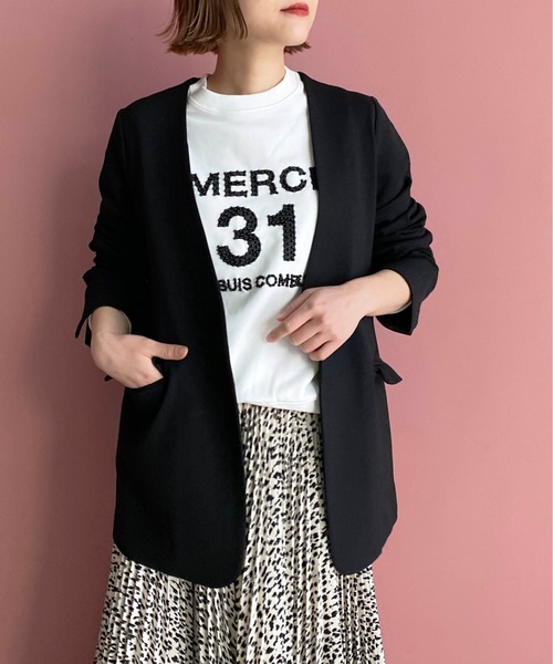 【美品】ノーカラージャケット　ブラック　大きいサイズ　48 PICCIN（ピッチン） ジャケット ノーカラージャケット ノーカラー