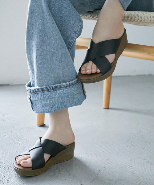 Fashion Letter サンダル 日本製ウェッジソールクロスデザイン
