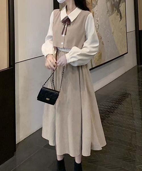 【BADDIARY】ダブル ビッグカラー配色 フレア ワンピース◆ 2色 gossip!ロサンゼルス ワンピース ラペル/ティアードフレア/2