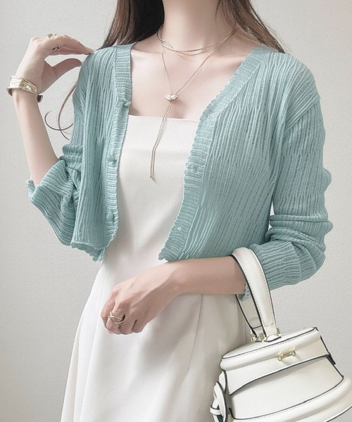 アディアム　2023　ニットショートカーディガン　2way　クロップド　Vネック Ada. カーディガン 「羽織りに/オフィスカジュアル」透かしランダム