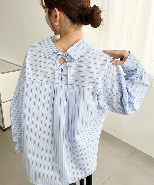 moment+ ブラウス シャツ マルチストライプ後ろ編み上げ長袖シャツ