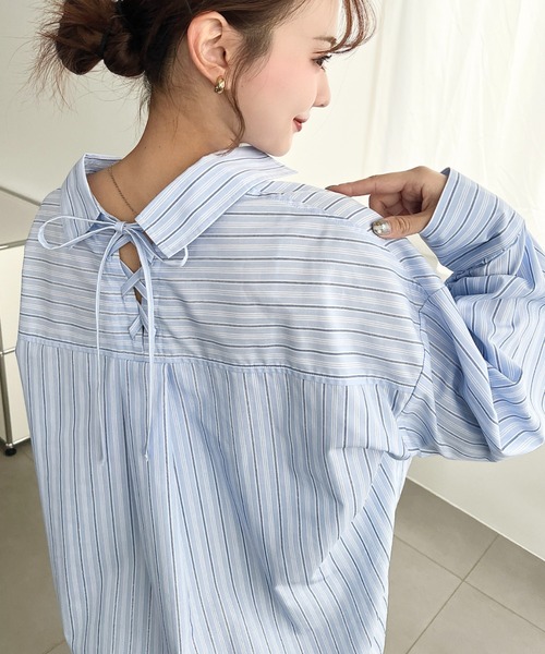 moment+ ブラウス シャツ マルチストライプ後ろ編み上げ長袖シャツ