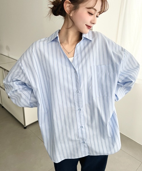 moment+ ブラウス シャツ マルチストライプ後ろ編み上げ長袖シャツ