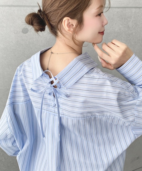 moment+ ブラウス シャツ マルチストライプ後ろ編み上げ長袖シャツ