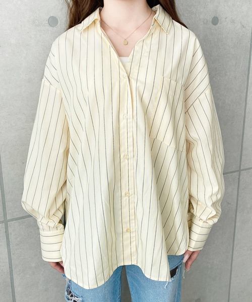 moment+ ブラウス シャツ マルチストライプ後ろ編み上げ長袖シャツ