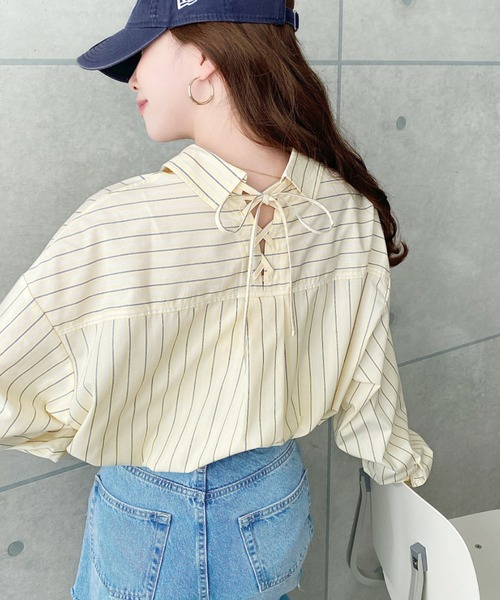 moment+ ブラウス シャツ マルチストライプ後ろ編み上げ長袖シャツ
