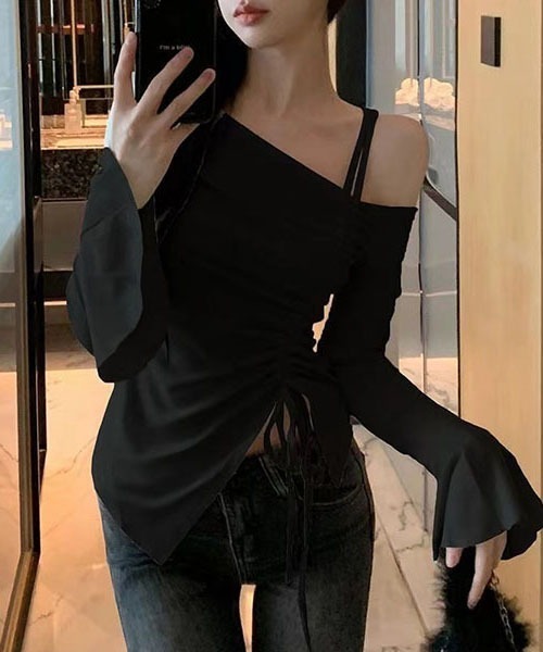 tシャツ ギャザーオフショルダーリブロンT レディース ワンオフショルダーギャザーリボン長袖Tシャツ (3color