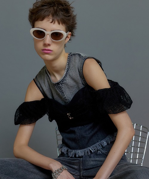 オフショル　シアー　ビスチェ MAISON SPECIAL MAISON SPECIAL ブラウス シャツ 2way Slab Mesh Layered