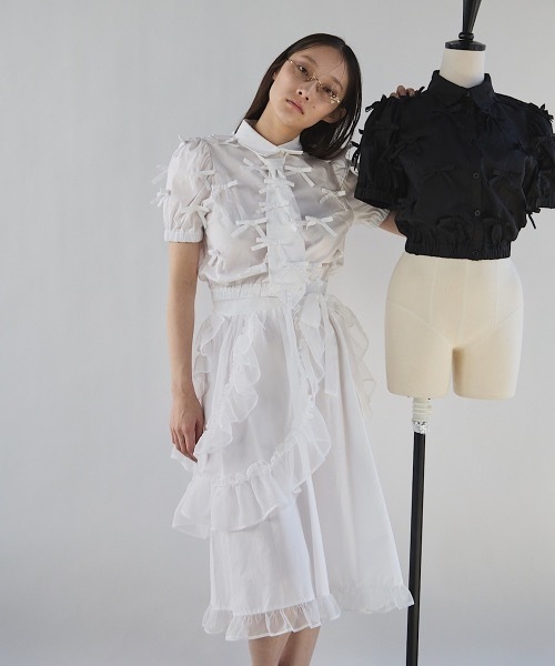 ホワイト フリル袖 シャツとスカート Pain スカート 2wayエプロンフリルシャツロングスカート「セットアップ