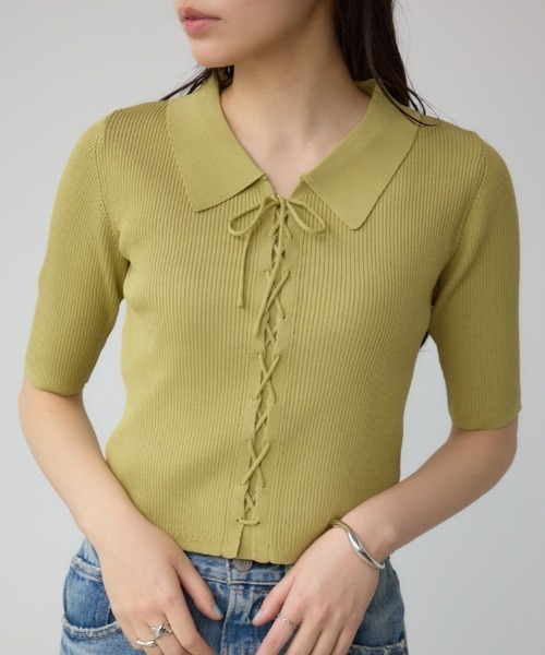 AZUL BY MOUSSY ニット セーター レースアップ5分袖ポロカラー