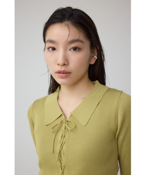 AZUL BY MOUSSY ニット セーター レースアップ5分袖ポロカラー