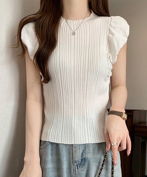 VIBGYOR tシャツ 「EIZZ/アイズ」フリルスリーブ リブニット