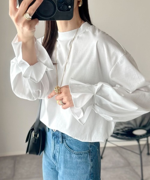 tシャツ ひとさじの甘さ。微光沢仕立て、シルケット加工ハイネックキャンディスリーブTシャツ（長袖） レディース | classicalelf