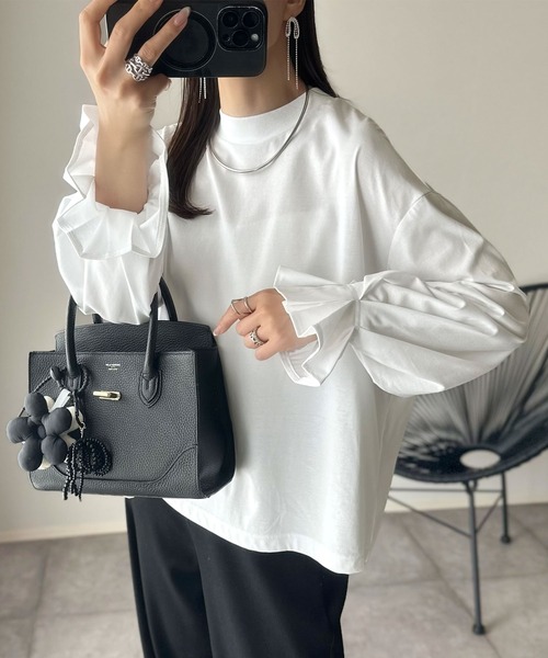 tシャツ ひとさじの甘さ。微光沢仕立て、シルケット加工ハイネックキャンディスリーブTシャツ（長袖） レディース | classicalelf | 12
