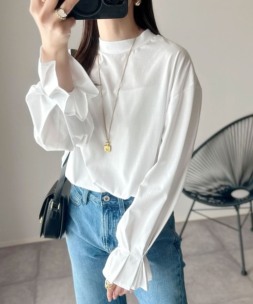 tシャツ ひとさじの甘さ。微光沢仕立て、シルケット加工ハイネックキャンディスリーブTシャツ（長袖） レディース | classicalelf | 06