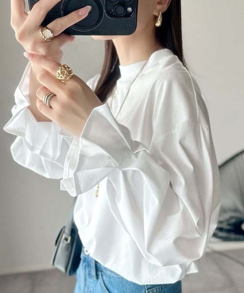 tシャツ ひとさじの甘さ。微光沢仕立て、シルケット加工ハイネックキャンディスリーブTシャツ（長袖） レディース | classicalelf | 05