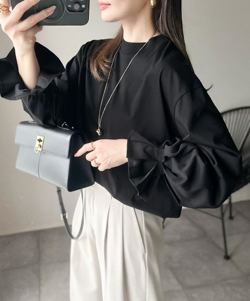 tシャツ ひとさじの甘さ。微光沢仕立て、シルケット加工ハイネックキャンディスリーブTシャツ（長袖） レディース | classicalelf | 17