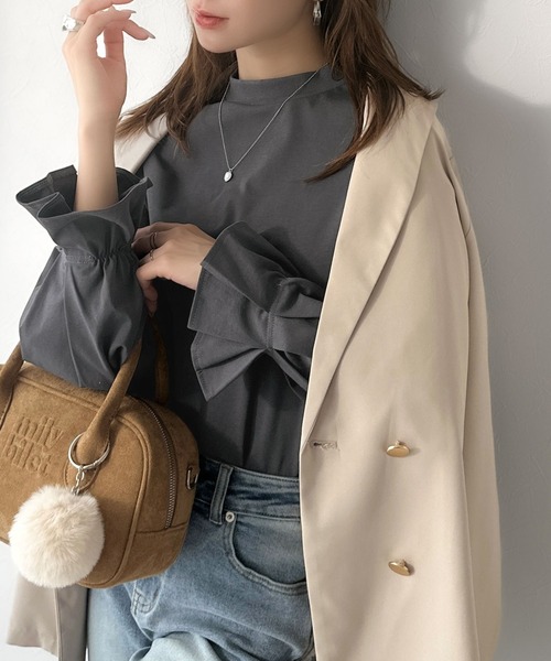 tシャツ ひとさじの甘さ。微光沢仕立て、シルケット加工ハイネックキャンディスリーブTシャツ（長袖） レディース | classicalelf | 22