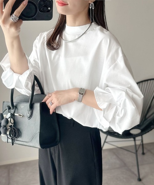 tシャツ ひとさじの甘さ。微光沢仕立て、シルケット加工ハイネックキャンディスリーブTシャツ（長袖） レディース | classicalelf | 09