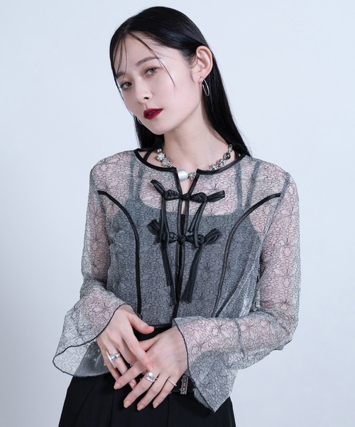 ブラウス シャツ パイピングレースチャイナブラウス レディース Ellno de Mavie ブラウス シャツ パイピングレースチャイナ