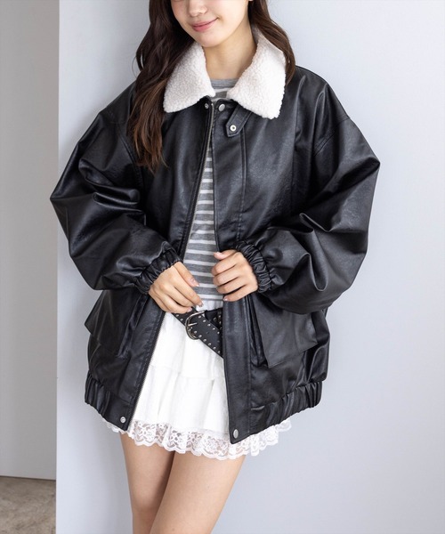 clear コート アウター ボア付きレザーロング丈ブルゾン「大人