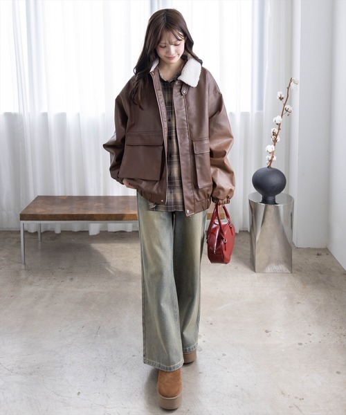 clear ブルゾン アウター ボア付きレザーロング丈ブルゾン「大人