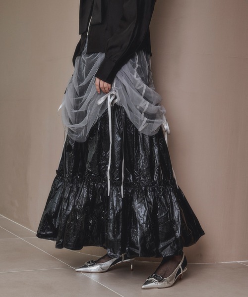 Ezick スカート 2way tulle layered メタリックティアードスカート